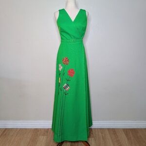 Vintage 70s Nardis of Dallas Green Floral Patchwork Sleeveless Maxi Dress Size S